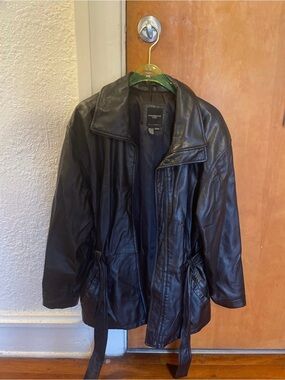 Black Genuine Leather Belted Jacket
